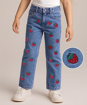 Babyhug Full Length Washed Denim Jeans With Strawberry Embroidery - Blue