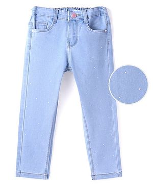 Babyhug Denim Full Length Rhinestones Embellished Jeans with Stretch Solid Colour - Light Blue