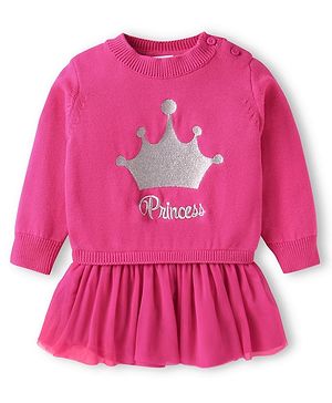 Babyhug Knitted Overlapped Woollen Dress with Text Embroidery - Dark Pink