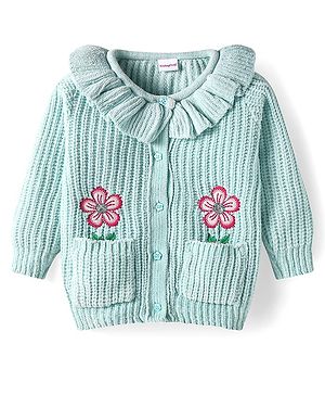 Babyhug Knit Full Sleeves Front Open Sweater With Frill & Sequinned Floral Design with Pockets- Light Blue