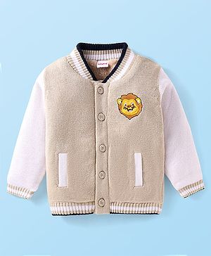 Babyhug Knit Full Sleeves Sweater with Lion Embroidery - White & Beige