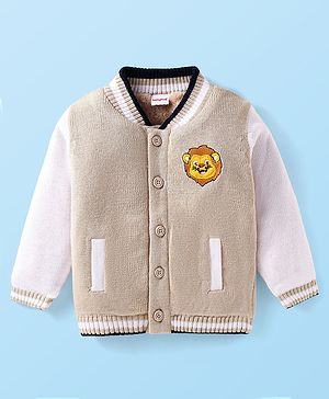 Babyhug Knit Full Sleeves Sweater with Lion Embroidery - White & Beige
