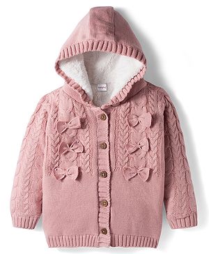 Babyhug Knitted Full Sleeves Front Open Hooded Sweater with Bow Applique & Cable Knit Design - Pink