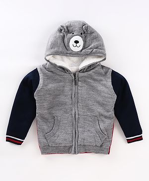 Babyhug Knitted Full Sleeves Front Open Hooded Sweater With Dino Applique - Charcoal Grey