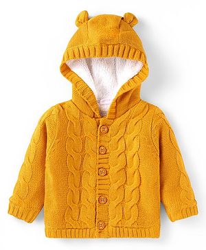 Babyhug Knitted Full Sleeves Front Open Solid Colour Hooded Sweater With Cable Knit Design & Ear Applique - Mustard