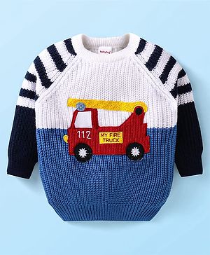 Babyhug Knitted Full Raglan Sleeves Striped & Fire Truck Designed Pullover Sweater  - White Blue & Navy
