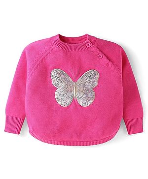 Babyhug Knitted Full Raglan Sleeves Butterfly Sequinned Detailed Sweater - Dark Pink