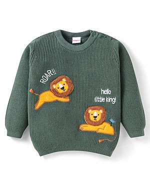 Babyhug Knit Full  Sleeves Pullover Sweater with Lion Design - Green