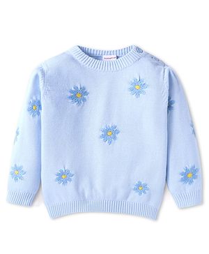 Babyhug Knit Full Sleeves Floral Embroidery Sweater - Light Blue