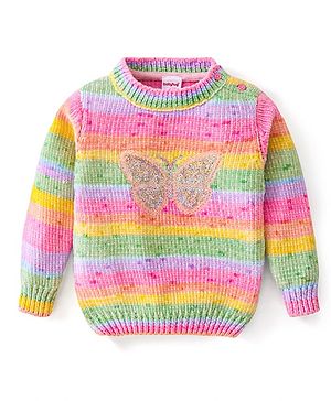 Babyhug Knitted Full Sleeves Pullover Sweater with Stripes Design & Sequin Butterfly Embroidery - Pink