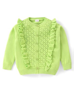 Babyhug Knitted Full Sleeves Front Open Sweater with Cable Knit Design - Lime Green