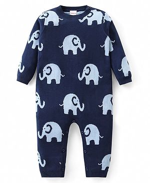 Babyhug Cotton Woven Full Sleeves Winter Romper Elephant Print - Navy Blue