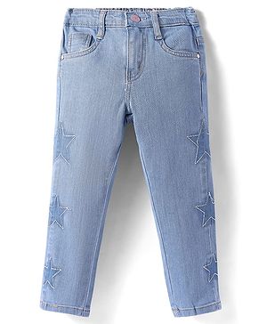 Babyhug Full Length Washed Denim Jeans With Stretch & Star Embroidery - Blue