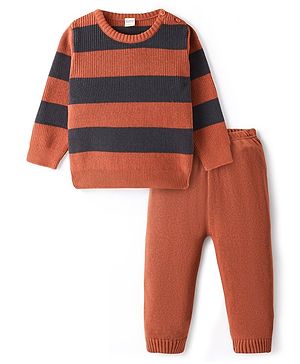 Bonfino 100% Cotton Knitted Full Sleeves Striped Sweater Set - Rust Orange & Grey