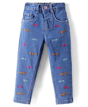 Babyhug Full Length Washed Denim Jeans With Text Embroidery & Stretch - Blue