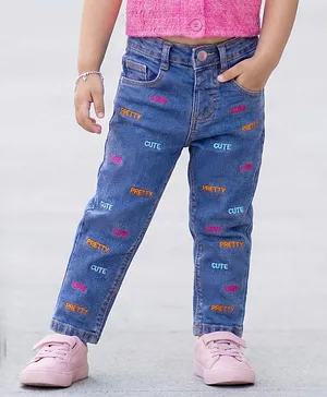 Babyhug Full Length Washed Denim
                              Jeans With Text Embroidery & Stretch -
                              Blue