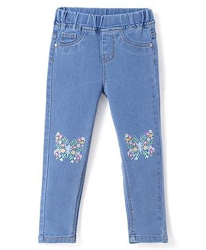 Babyhug Woven Full Length Washed Denim Jeans With Stretch & Floral Embroidery - Blue