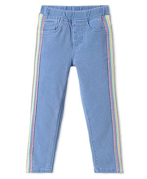 Babyhug Woven Full Length Washed Denim Jeans With Stretch & Striped Design - Blue