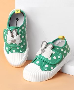 Cute Walk by Babyhug Velcro Closure Casual Shoes With Polka Dot Print & Bow Applique - Green