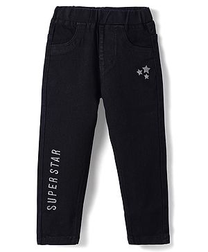 Babyhug Denim Full Length With Stretch Jeggings Text Embroidery - Black