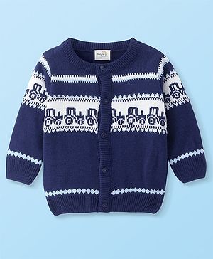 Doodle Poodle Knitted Full Sleeves Front Open Sweater with Jaquard Knit Design - Navy Blue