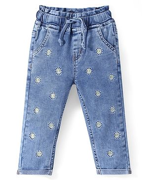 Babyhug Denim Full Length with Stretch Jeans Floral Embroidery - Blue