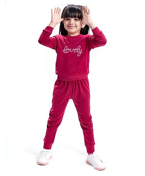 Babyhug Velour Woven Full Sleeves Winter Wear Set With Text Embroidery - Dark Pink