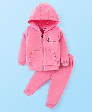 Babyhug Velour Woven Full Sleeves Hooded Front Zipper Winter Wear Suit With Text Print - Light Pink