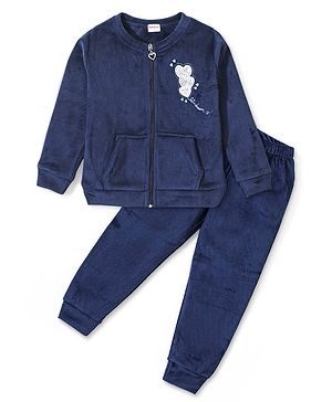 Babyhug Velour Woven Full Sleeves Winter Wear Suit With Hearts Embroidery - Navy