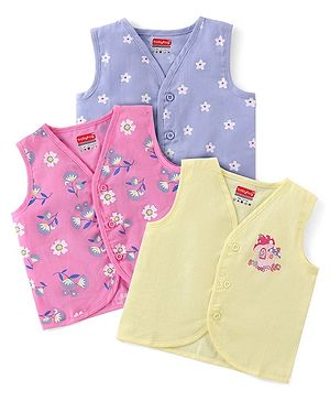 Babyhug 100% Cotton Woven Sleeveless Front Open Jhablas with Floral Prints Pack of 3 - Blue Pink & Yellow