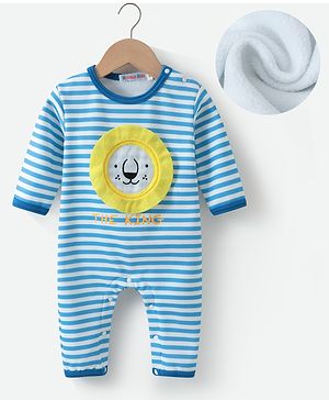 Kookie Kids Full Sleeves Striped & Lion Patched Winter Wear Romper - Blue