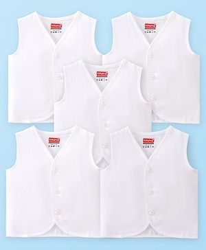Babyhug 100% Cotton Cambric Woven Sleeveless Front Open Solid Jhablas Pack of 5 - White