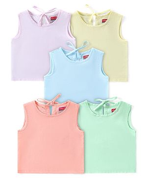 Babyhug 100% Cotton Woven Sleeveless Solid Colour Jhablas With Knot Tie Up Pack of 5 - Multicolour