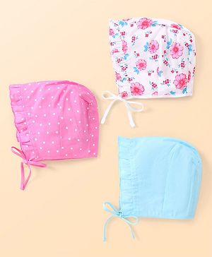 Babyhug 100% Cotton Woven Caps with Solid Polka Dots & Floral Print Pack of 3 - Blue Pink & White