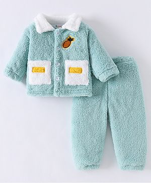 Kookie Kids Full Sleeves Collared Winter Wear Night Suit With Pineapple Applique - Mint