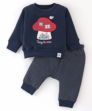 Ollypop Fleece Knit Full Sleeves Winter Wear Suit With Tiny Home Embroidery - New Navy