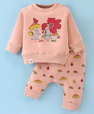 Ollypop Fleece Knit Full Sleeves Winter Wear Suit With Bunny & Floral Print - Peach