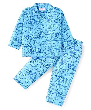 Babyhug Cotton Woven Full Sleeves Front Open Night Suit With Animals Print - Blue