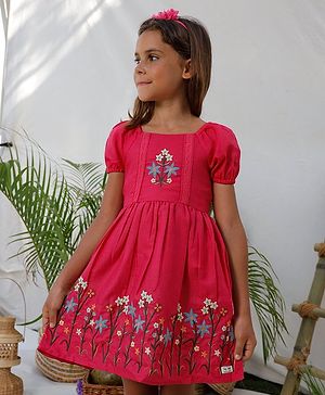 Tiny Twills Half Sleeves Floral Embroidered Dress - Pink