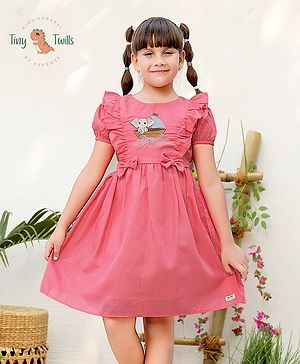 Tiny Twills Half Sleeves Bow Applique & Elephant Embroidered Dress - Pink