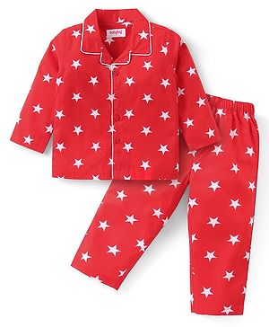 Babyhug Cotton Woven Full Sleeves Front Open Night Suit With Stars Print - Red