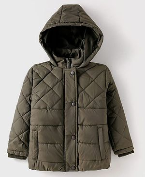 Babyhug Woven Full Sleeves Solid Color Hooded Padded Jacket - Olive Green