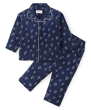 Babyhug Cotton Woven Front Open  Full Sleeves Collar Neck Night Suit with Parachute Print - Navy Blue