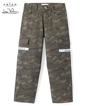 Arias Cotton Denim  Woven Full Length Camo Print Cargo Pant - Green