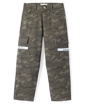 Arias Cotton Denim  Woven Full Length Camo Print Cargo Pant - Green