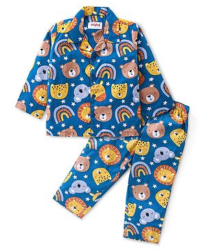 Babyhug Cotton Woven Full Sleeves Front Open Collared Night Suit Bear Print - Blue