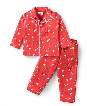 Babyhug Cotton Woven Full Sleeves Front Open Night Suit With Animal Print - Red
