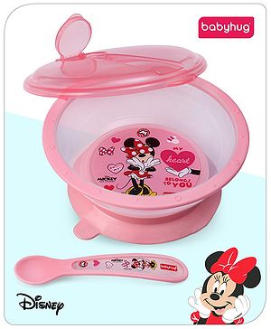 Babyhug Disney Minnie Mouse Designed Suction Bowl with Lid & Spoon Pink  - 300 ml