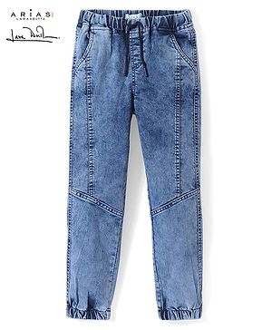 Arias Cotton Stretch Denim Full Length Joggers With Drawstring - Medium Wash