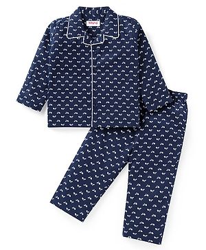 Babyhug Cotton Woven Full Sleeves Front Open Night Suit With Scooters Print - Navy